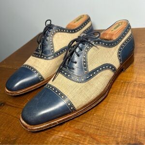 Romano Martegani for Francos handmade brogue oxford blue leather cream linen 9.5